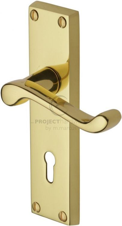 VICTORIAN SCROLL LEVER LOCK ON PLATE POLISHED BRASS