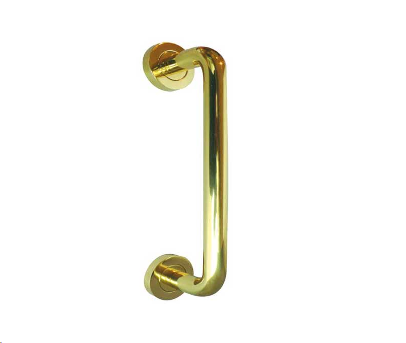 'D' PULL HANDLE ON ROUND ROSE 300 X 19MM POLISHED BRASS