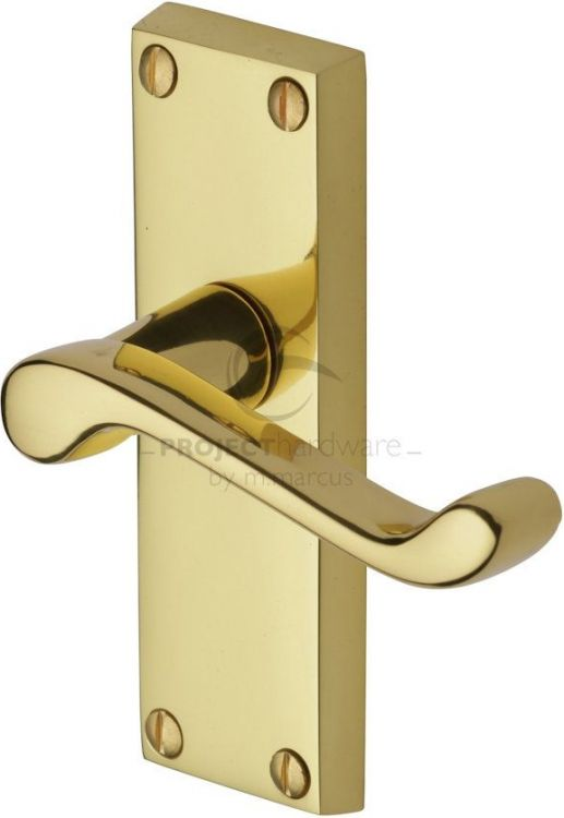 VICTORIAN SCROLL LEVER LATCH ON SHORT PLATE POLISHED BRASS
