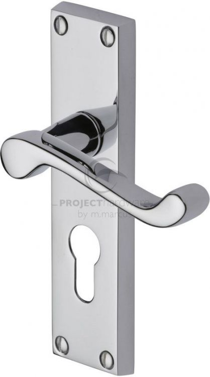 VICTORIAN SCROLL LEVER LOCK EURO PROFILE ON PLATE POLISHED CHROME
