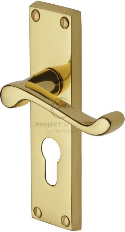 VICTORIAN SCROLL LEVER LOCK EURO PROFILE ON PLATE POLISHED BRASS