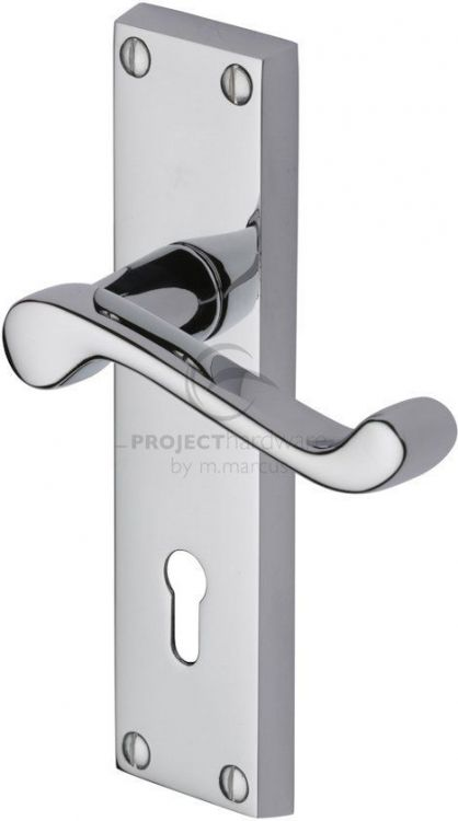 VICTORIAN SCROLL LEVER LOCK ON PLATE POLISHED CHROME