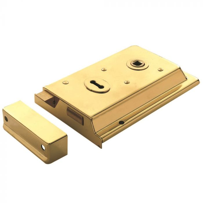 TRADITIONAL FLANGED RIM LOCK 152 X 102MM POLISHED BRASS