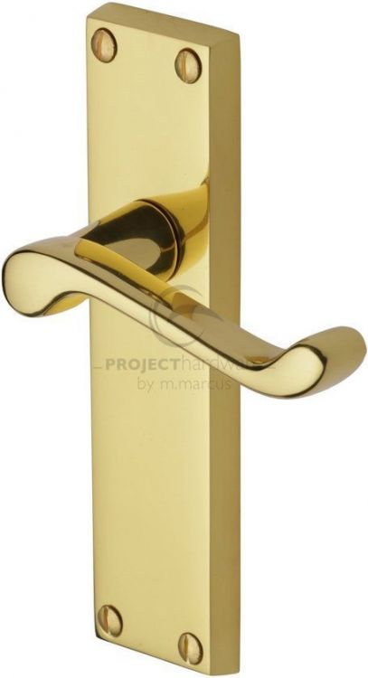 VICTORIAN SCROLL LEVER LATCH ON PLATE POLISHED BRASS